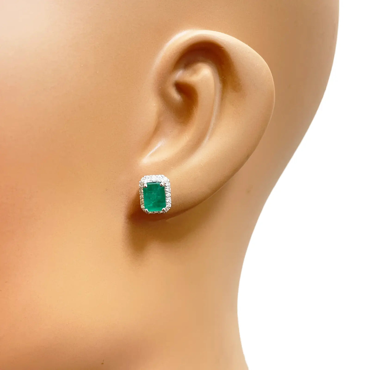 14ct White Gold Natural Emerald & Round Diamond Rectangle Stud Earrings 2.20ct Diamond earring