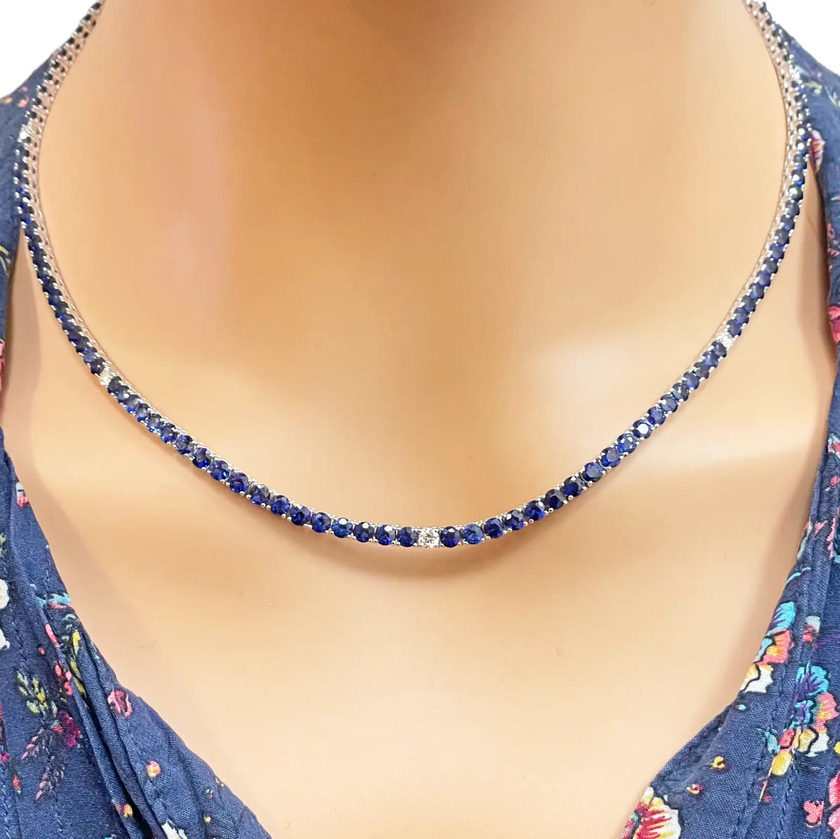 14ct White Gold Natural Sapphire & Diamond Tennis Necklace 21.2ct 18''inches