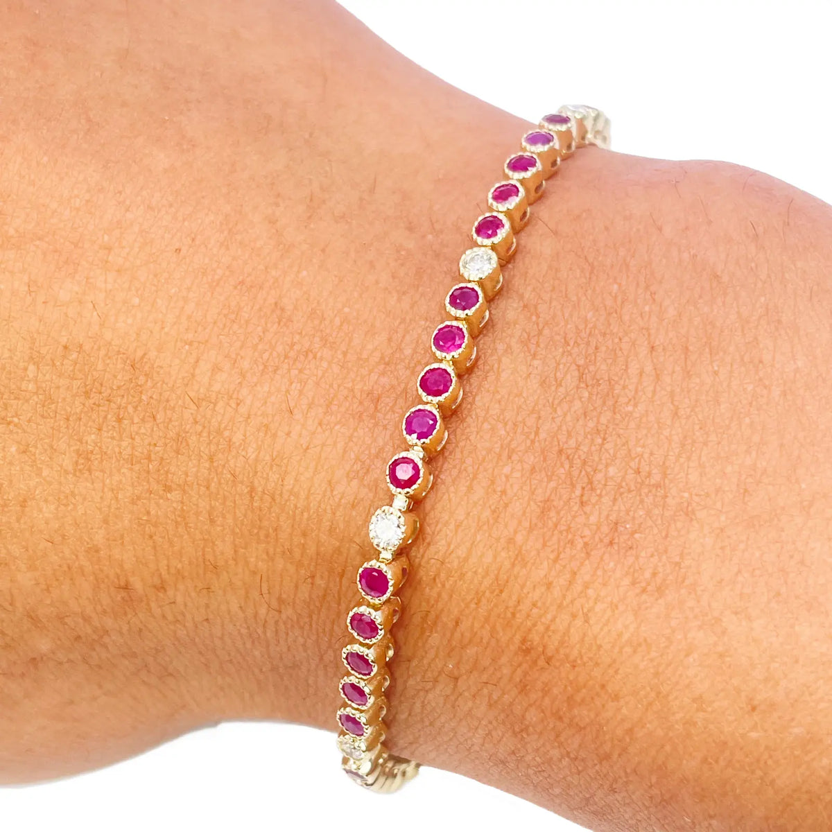 14ct Yellow Gold Natural Round Ruby Tennis Milgrain Bezel Bracelet 3.15ct 7 Inches Diamond Bracelets