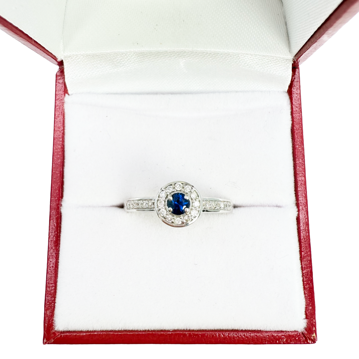 18-karaats natuurlijke blauwe saffier & ronde diamant halo halve eternity ring 0,35 ct
