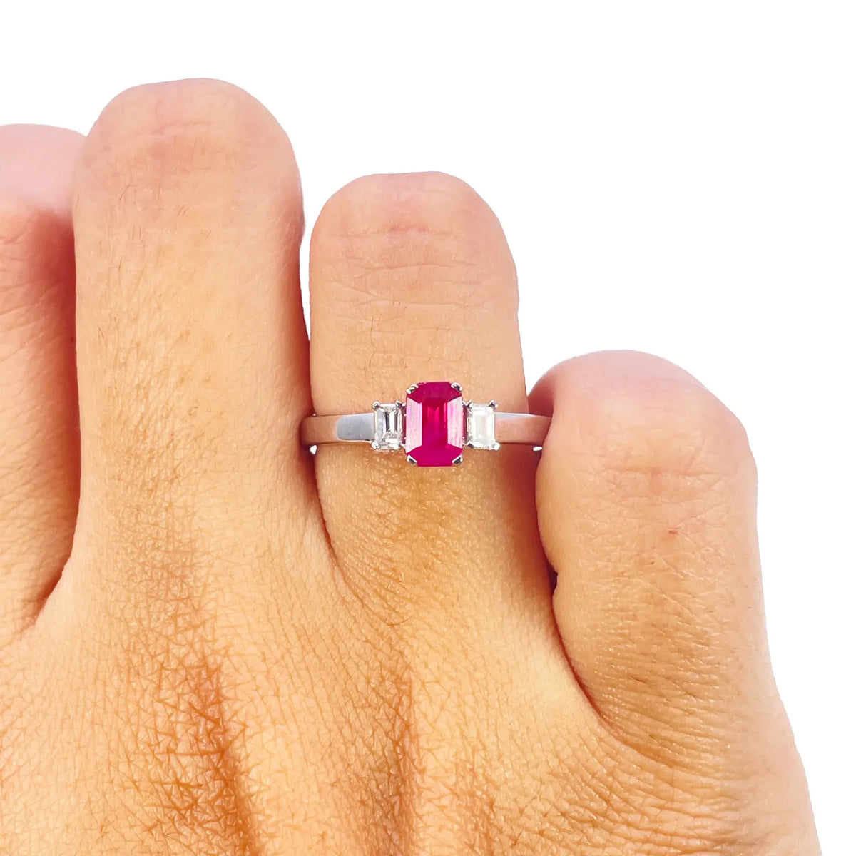 18ct Gold Ruby Diamond Ring Natural Baguette & Emerald Cut 0.85ct Diamond Ring