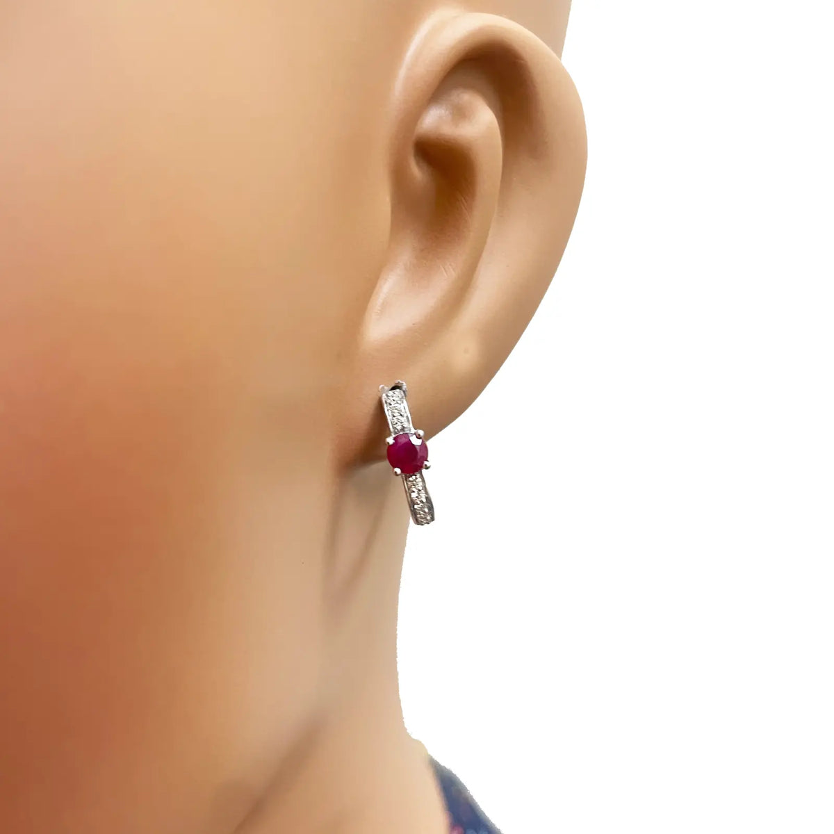 18ct White Gold Natural Ruby Prong & Diamond Huggie Hoop Earrings 0.92ct Diamond earring