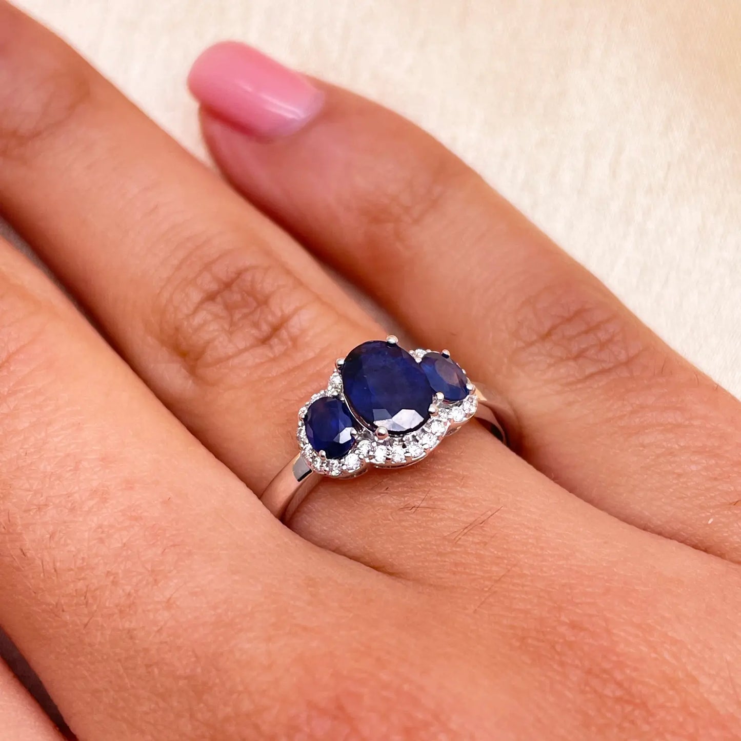 18ct White Gold Three-Stone Blue Sapphire & Diamond Cluster Oval Ring 1.76ct Diamond Ring