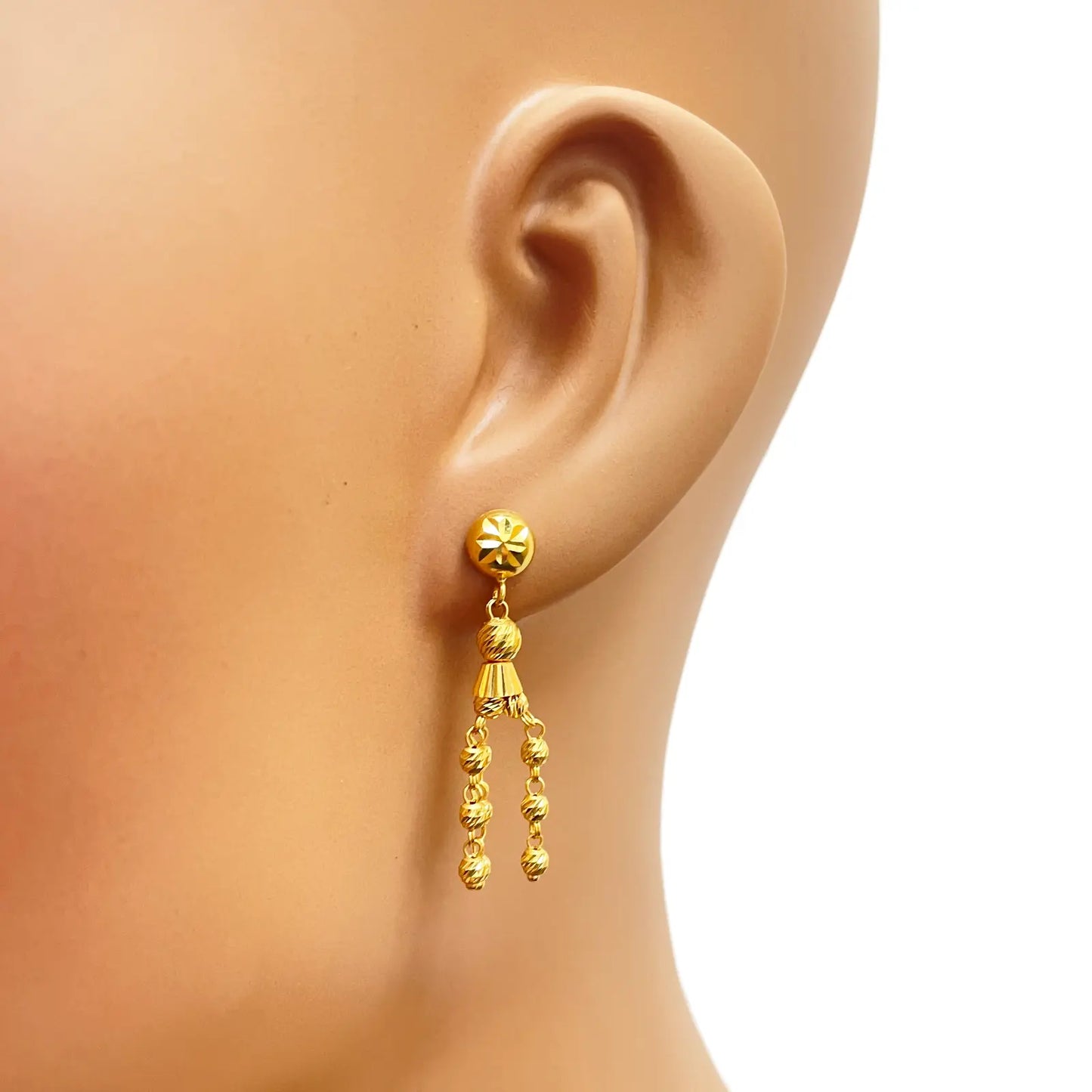 22ct Gold Beaded Tassel Necklace & Earring Sparkly Diamond Cut Beads 18 Inches 