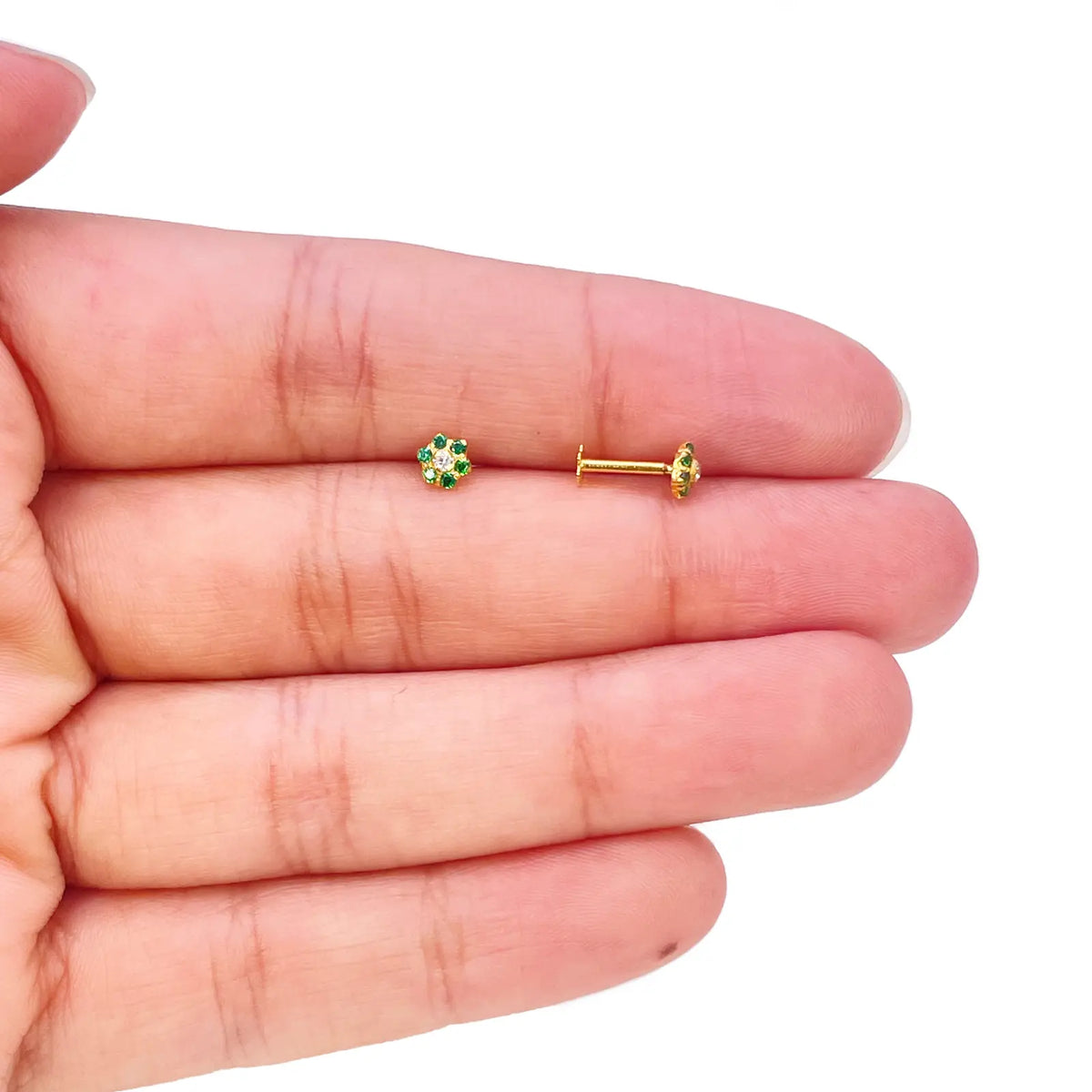 22ct Gold Children's Green Cubic Zirconia Floral Mini Stud Earrings 4mm