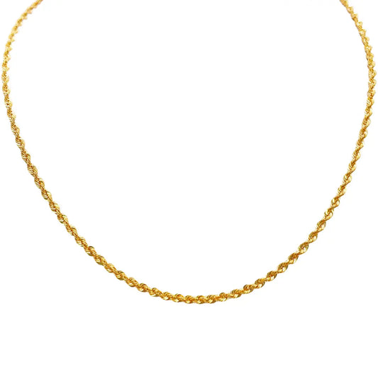 22ct Yellow Gold Lightweight Hollow Rope Chain Necklace 16 Inches 2.2mm Width