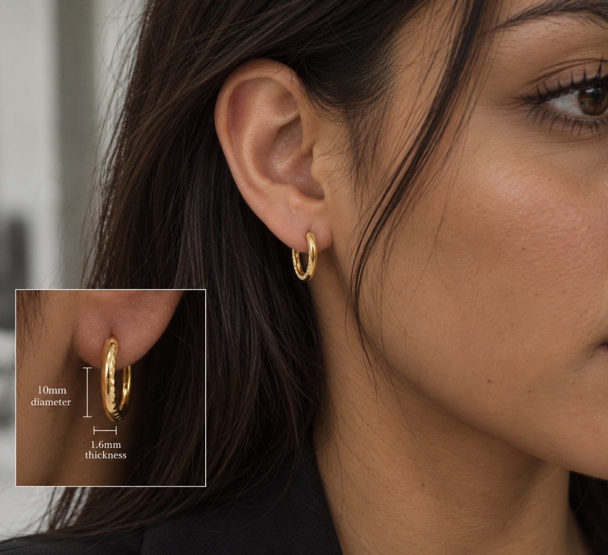 22ct Yellow Gold Diamond Cut Hoop Earrings 10mm Small Sleeper Huggie Hoops Pair