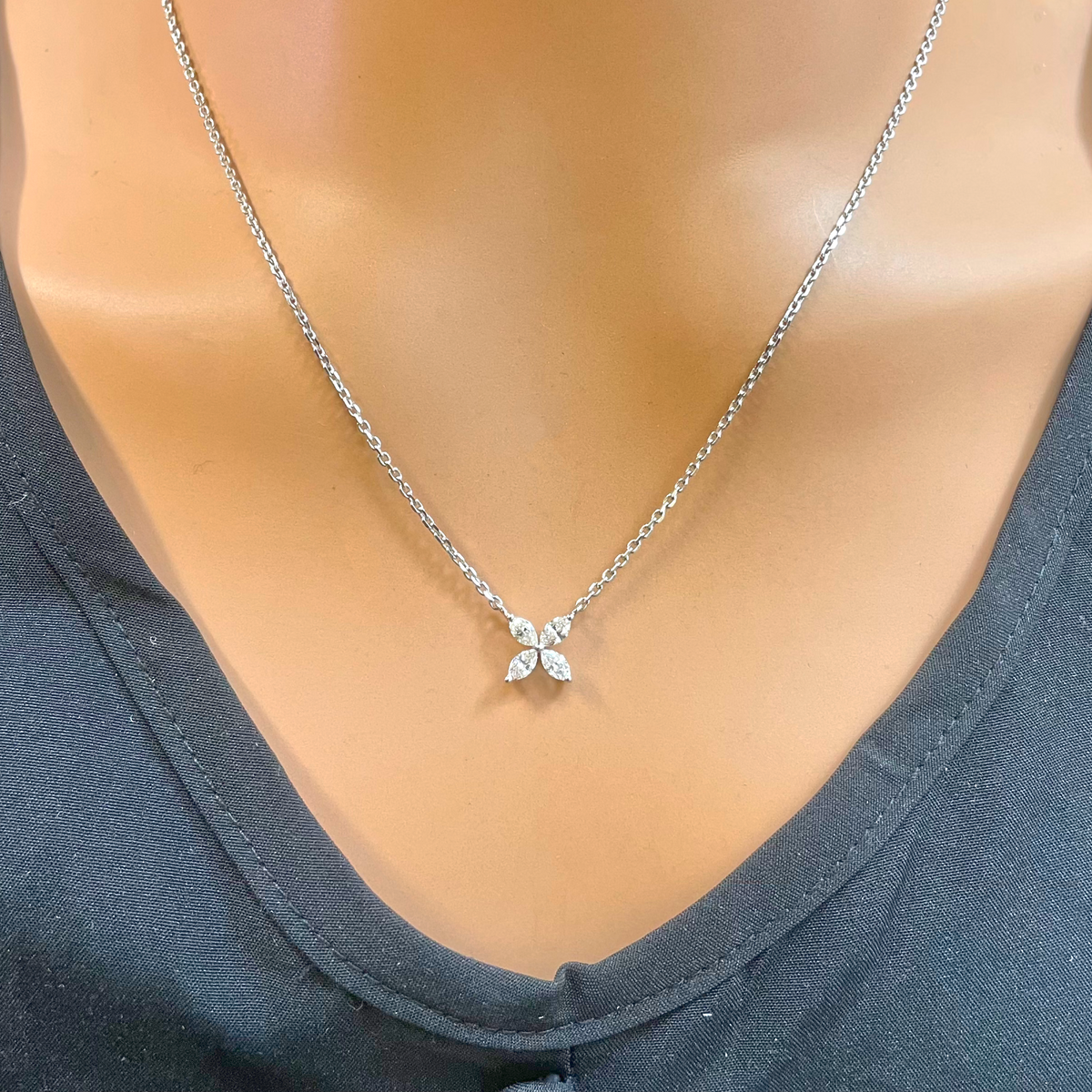 18ct White Gold Marquise Diamond Four-Leaf Flower Pendant Necklace - 0.45ct