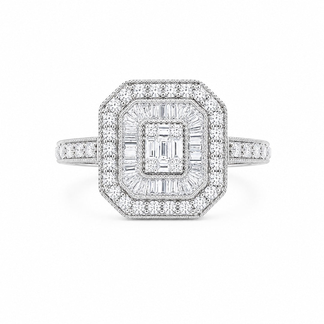 18ct White Gold 0.75ct Diamond Baguette Round Double Halo Milgrain Cluster Ring