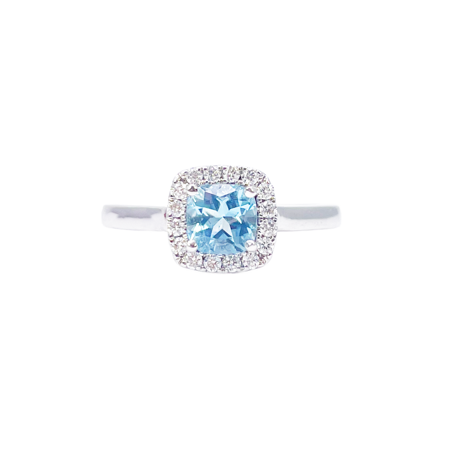 Bague coussin en or blanc 18 carats avec aigue-marine et diamants, serti halo, 0,70 carat
