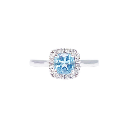 18kt witgouden aquamarijn- en diamant halo cluster kussenvormige ring 0,70ct
