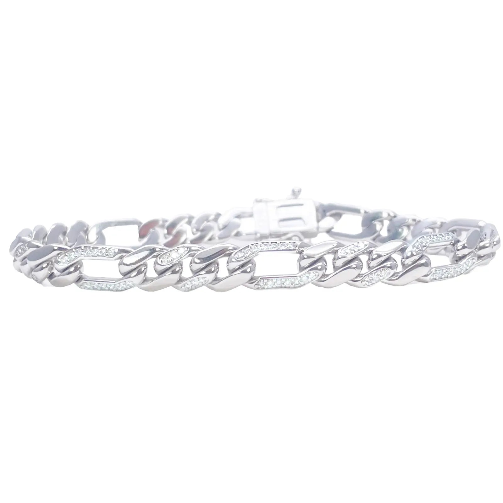 14ct Gold Natural Round Diamond Figaro Mens Bracelet 1.60ct 8 Inches  Diamond Bracelets