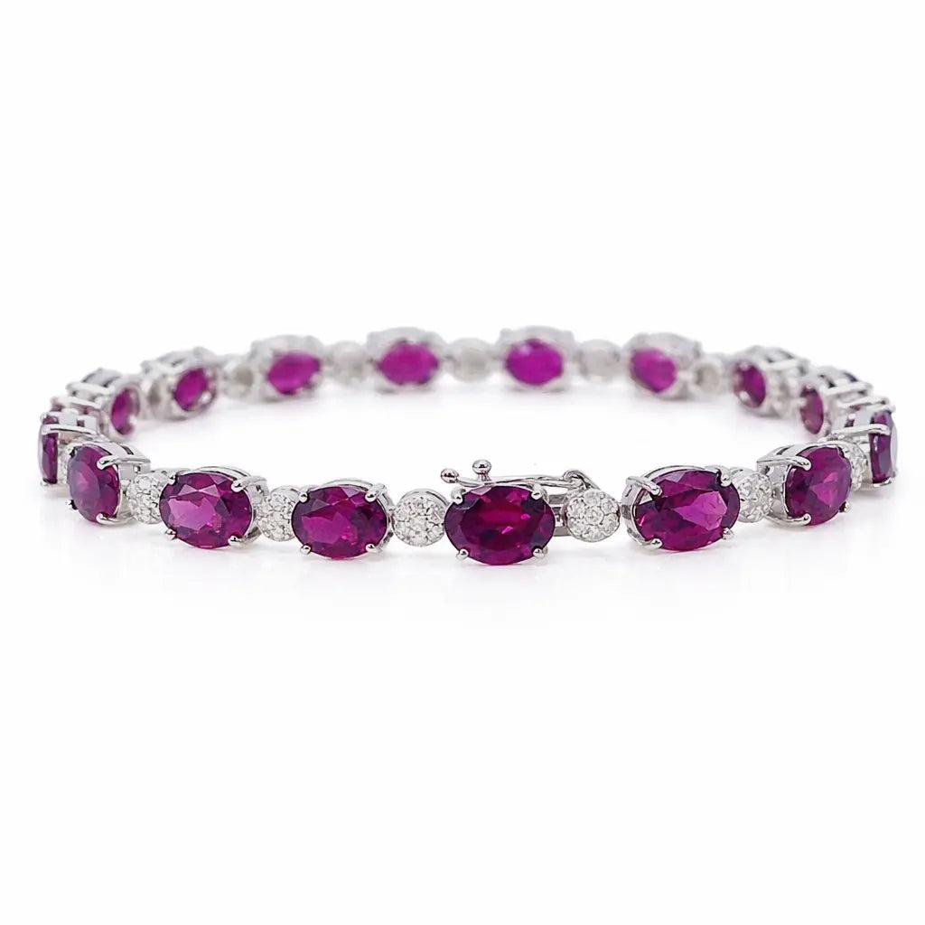14ct White Gold Natural Diamond & Purple Rhodolite Garnet Oval Cluster Bracelet¬† Diamond Bracelets