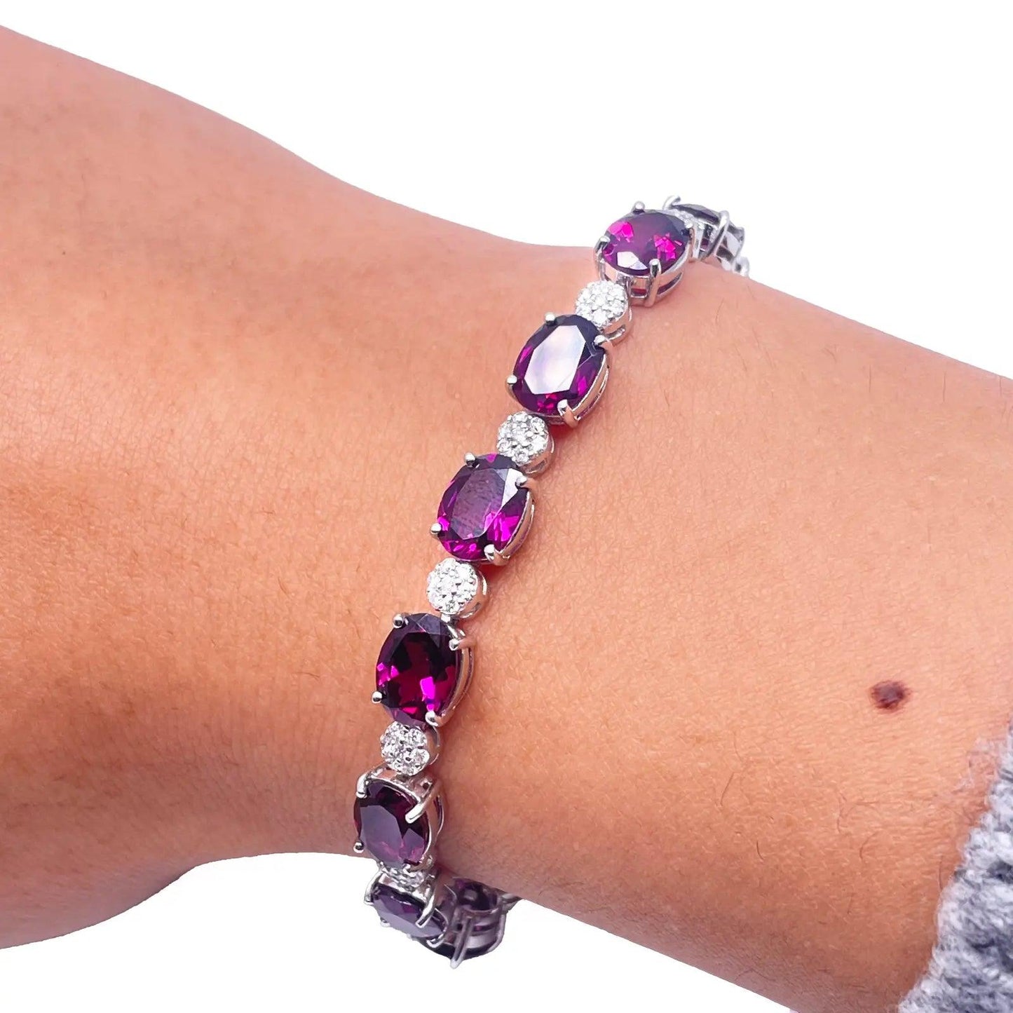 14ct White Gold Natural Diamond & Purple Rhodolite Garnet Oval Cluster Bracelet¬† Diamond Bracelets