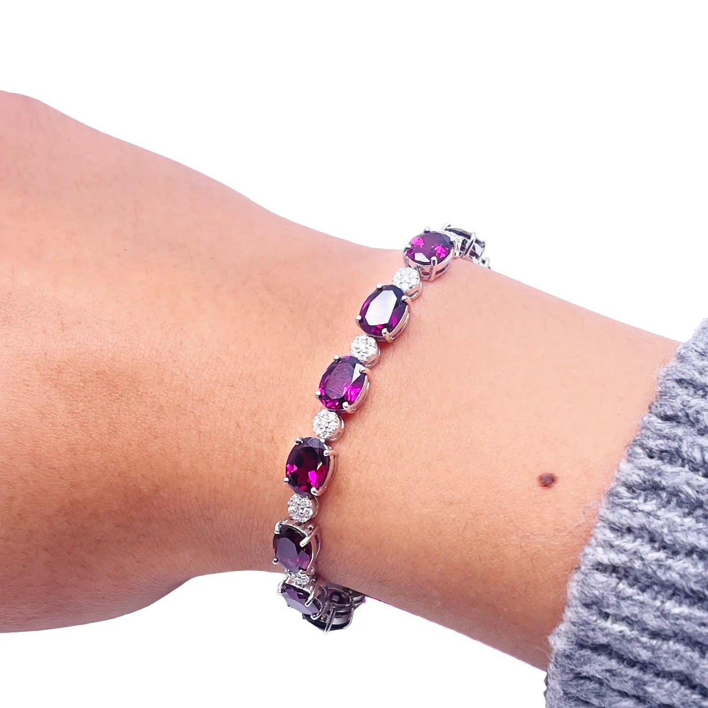 14ct White Gold Natural Diamond & Purple Rhodolite Garnet Oval Cluster Bracelet¬† Diamond Bracelets