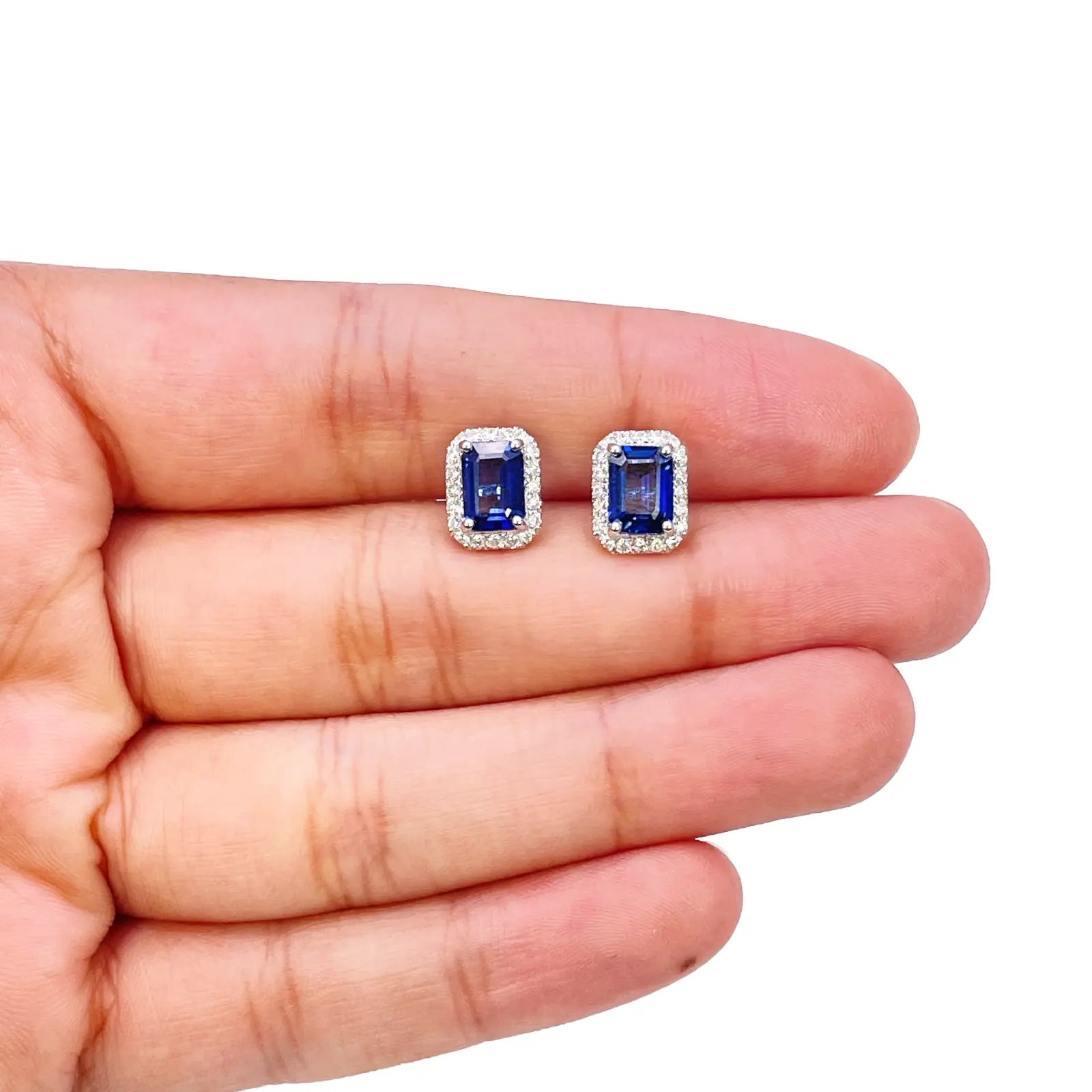 14ct White Gold Natural Emerald Cut Sapphire Round Diamond Stud Earrings 2.40ct 