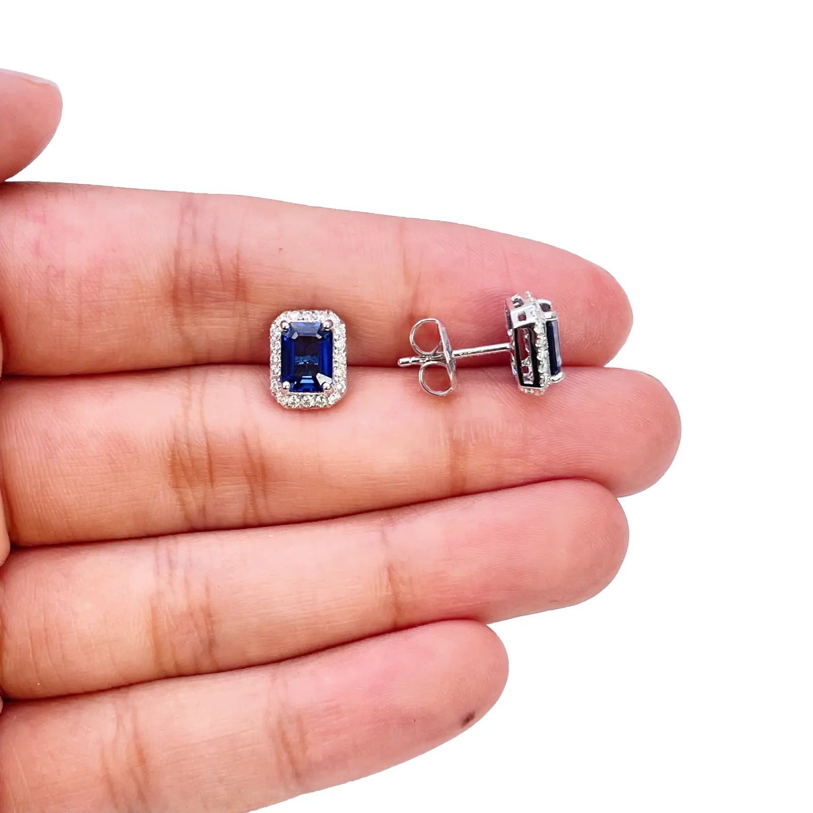 14ct White Gold Natural Emerald Cut Sapphire Round Diamond Stud Earrings 2.40ct 