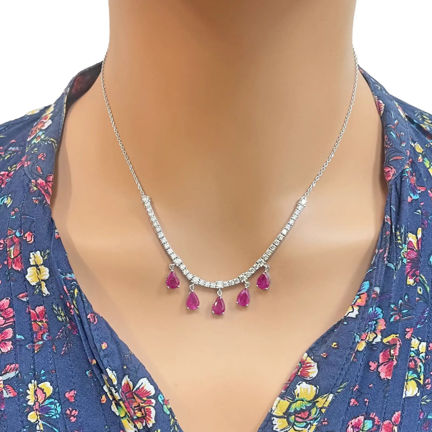 14ct White Gold Natural Round Diamond & Pear Ruby Chain Necklace 17 inches 5.91ct 