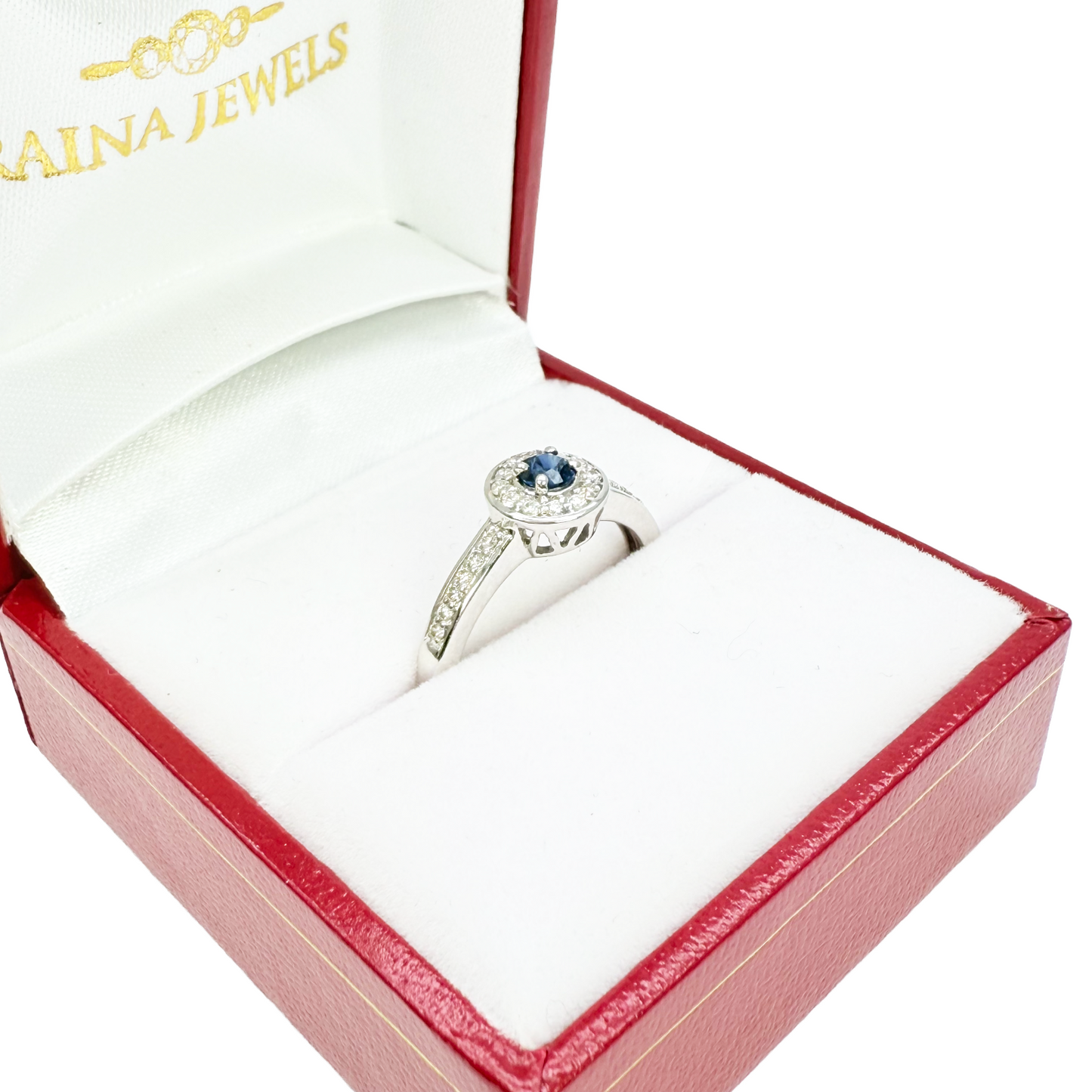 18-karaats natuurlijke blauwe saffier & ronde diamant halo halve eternity ring 0,35 ct
