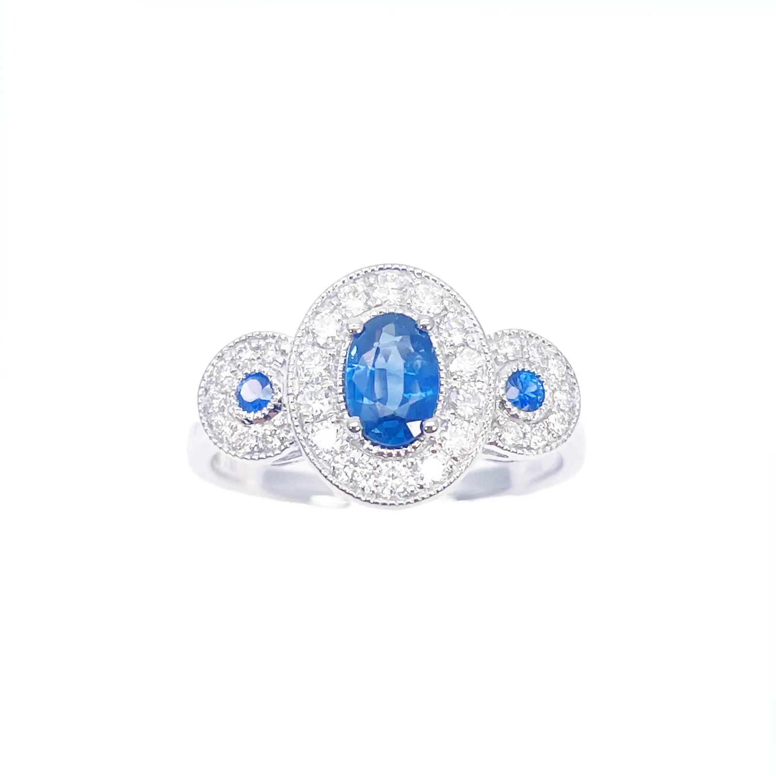 18ct Gold Natural Sapphire Diamond Halo Ring Round & Oval Cut 0.95ct  Diamond Ring