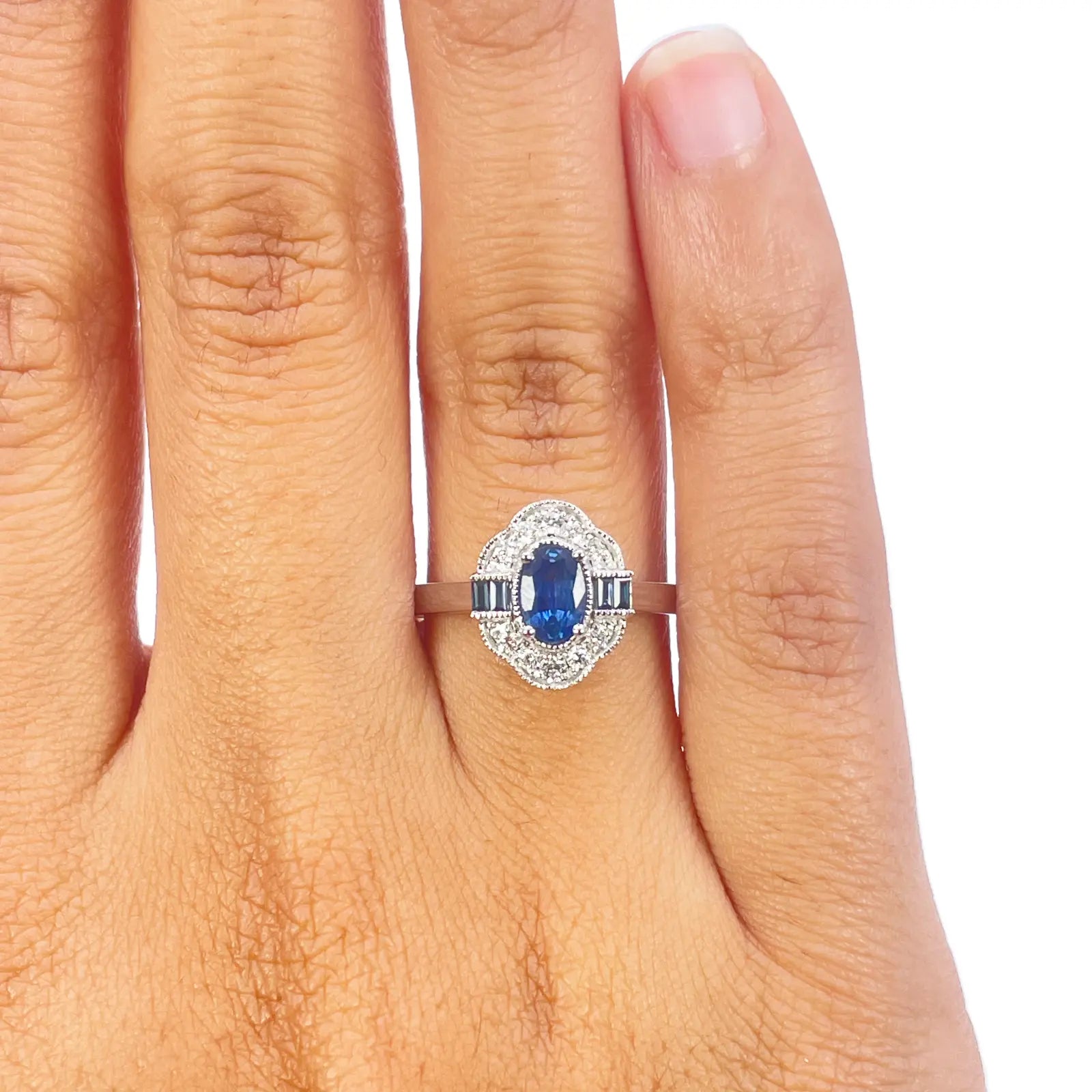 18ct Gold Natural Sapphire Diamond Halo Ring Round, Baguette & Oval Cut 0.70ct  Diamond Ring