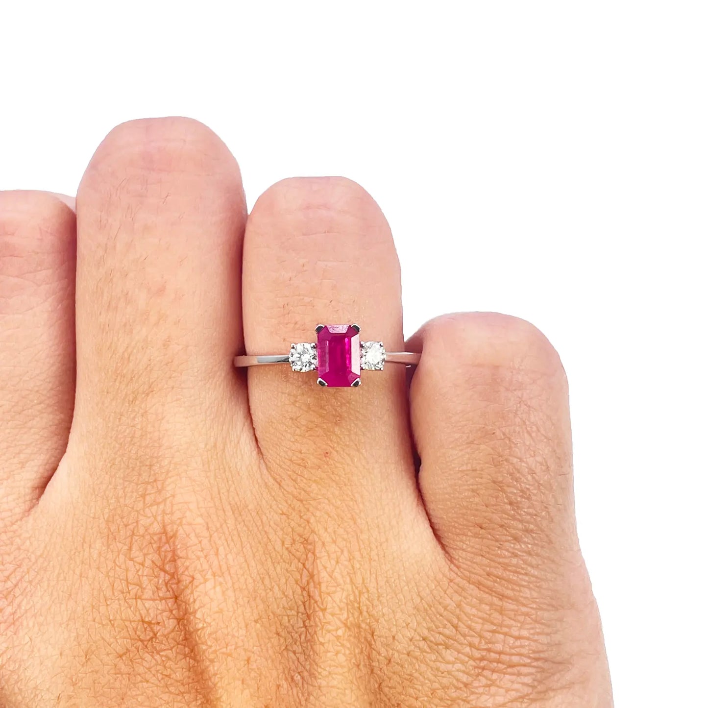 18ct Gold Ruby Diamond Ring Natural Round & Emerald Cut Three-Stone 0.75ct  Diamond Ring