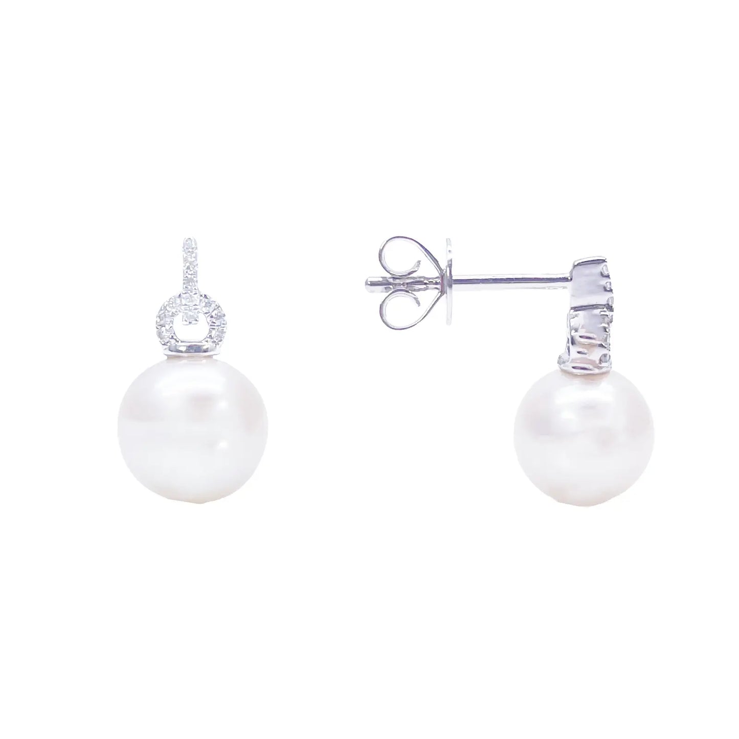 18ct White Gold Freshwater Pearl & Diamond Drop Pair Earrings 0.05ct 