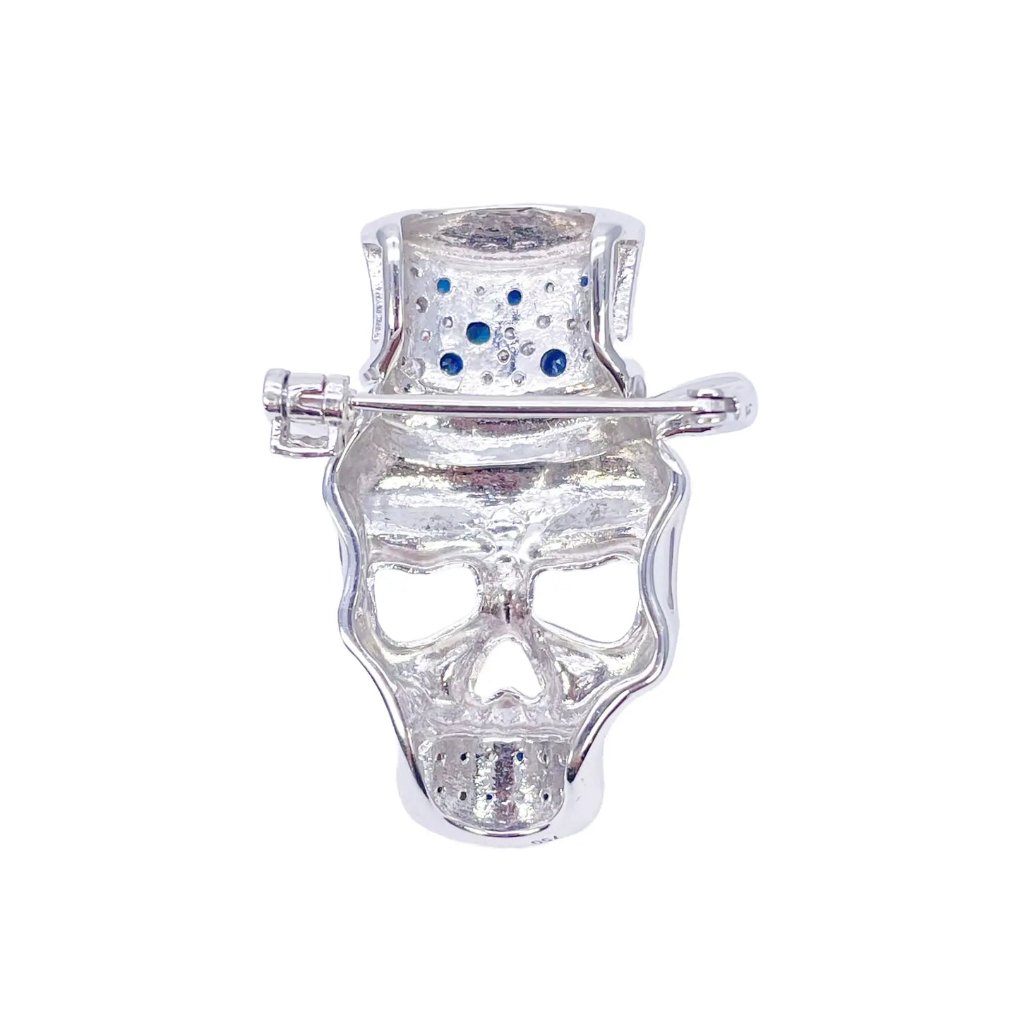 18ct White Gold Natural Round Sapphire & Diamond Skull Brooch Pin 1.45ct  Diamond Ring