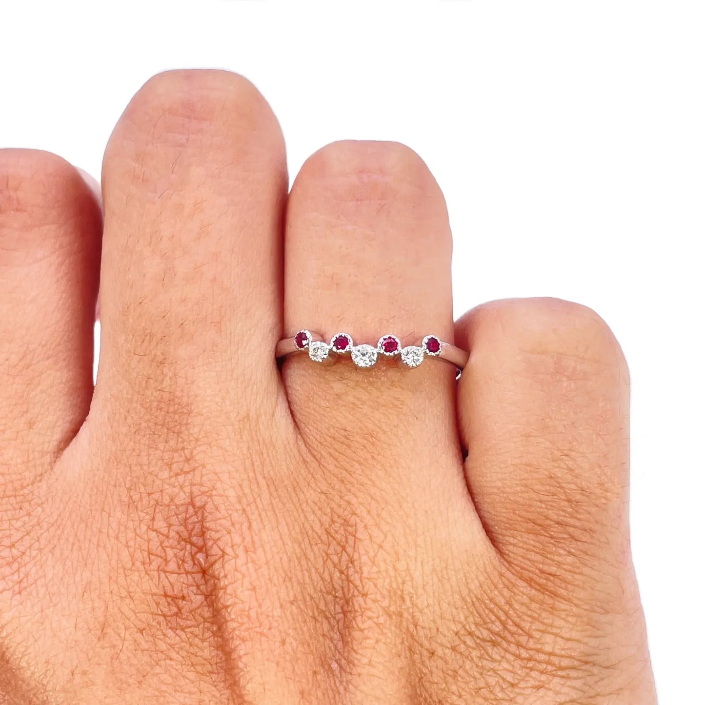18ct White Gold Natural Ruby & Diamond Milgrain Bezel Ring ? 0.15ct  Diamond Ring