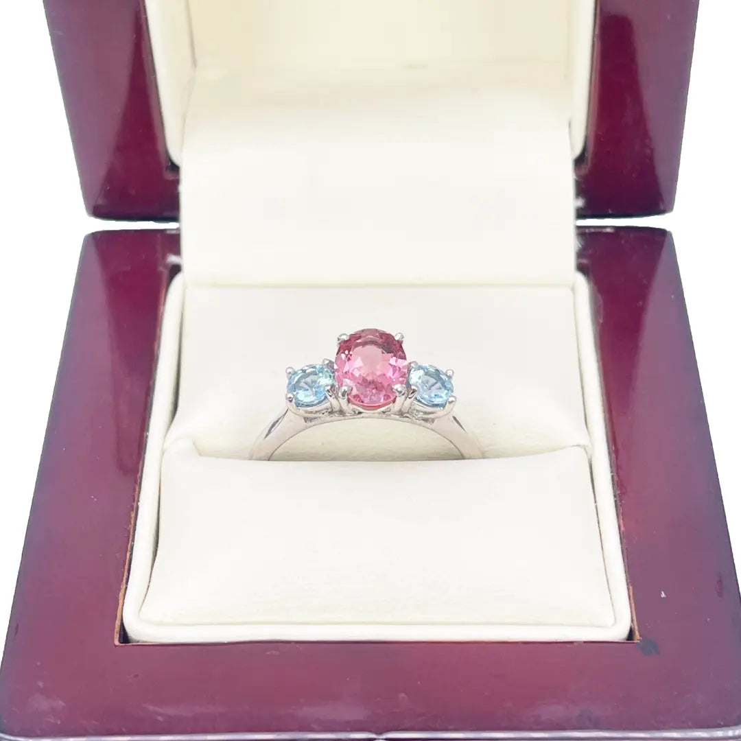 18ct White Gold Oval Pink Tourmaline & Aquamarine Trilogy Ring 1.60ct  Diamond Bracelets