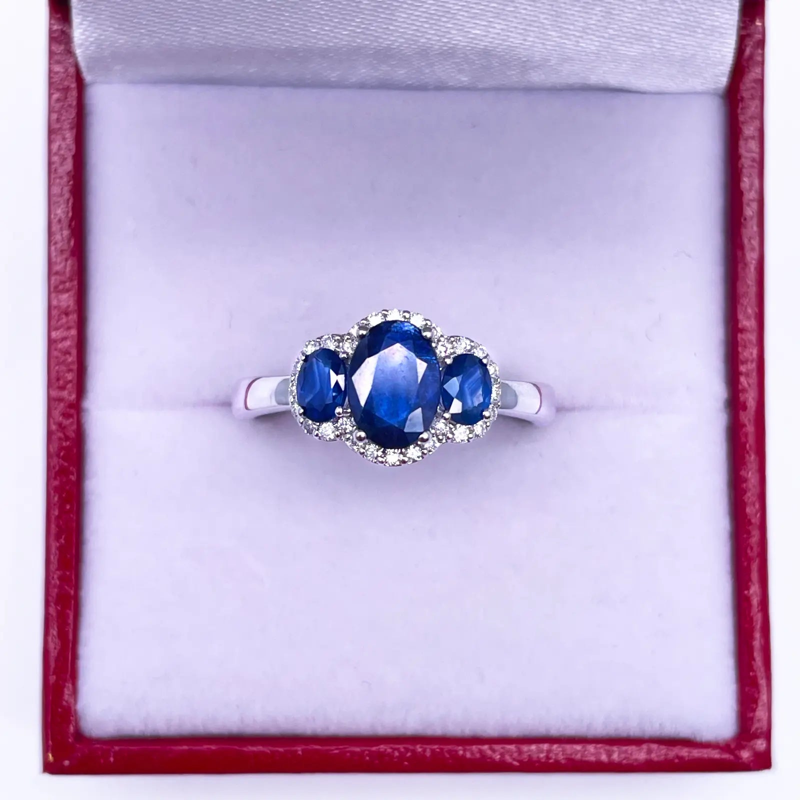 18ct White Gold Three-Stone Blue Sapphire & Diamond Cluster Oval Ring 1.76ct  Diamond Ring