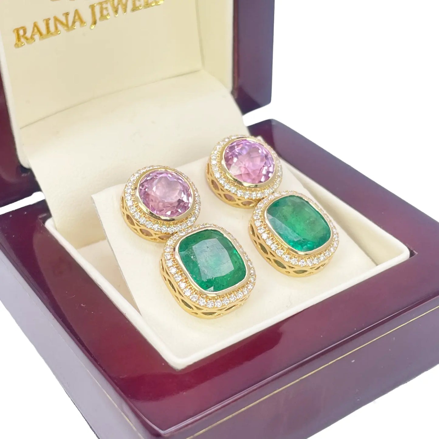 18ct Yellow Gold Emerald, Kunzite Rubover Set Halo Diamond Drop Earrings 17.76ct 