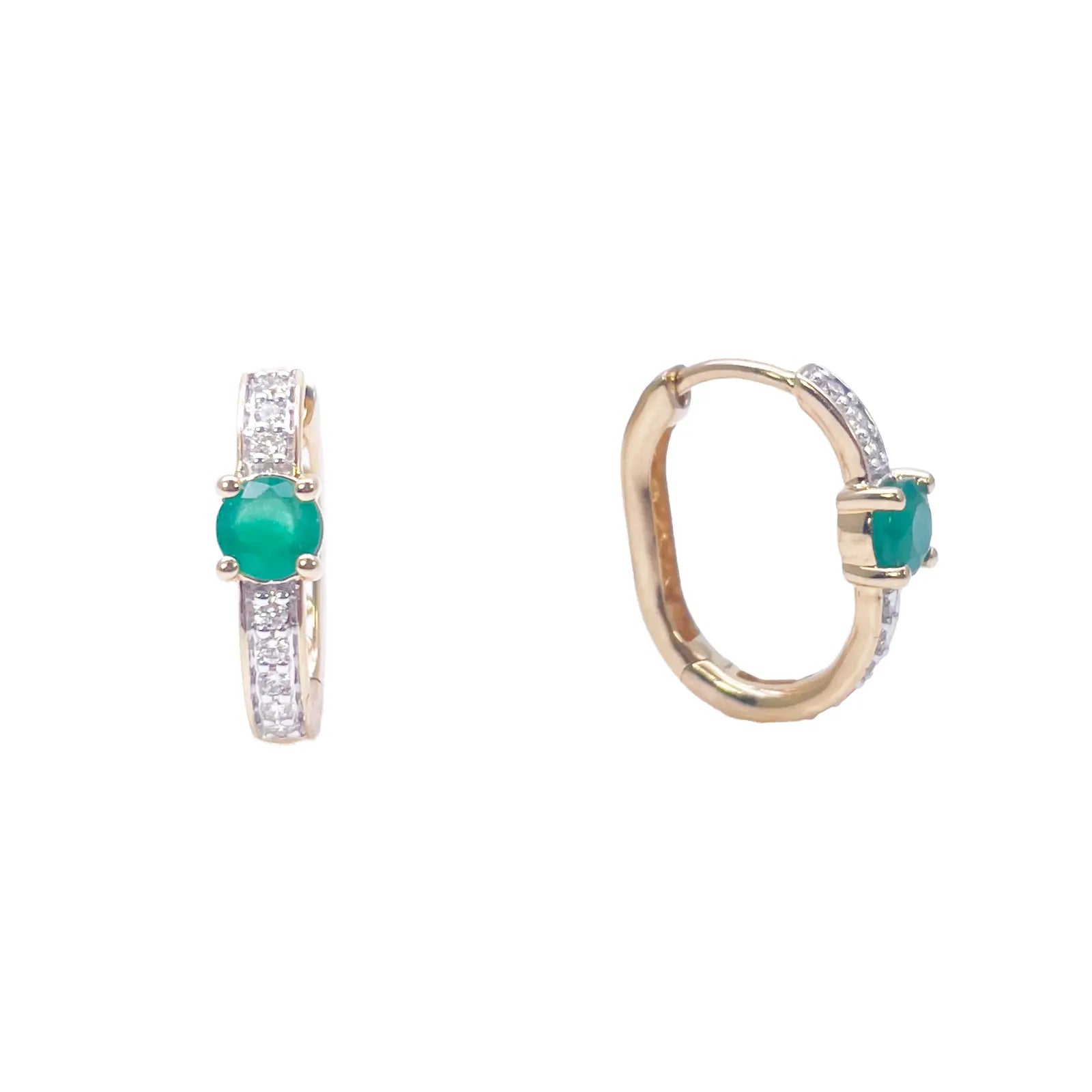 18ct Yellow Gold Natural Emerald Prong & Diamond Huggie Hoop Earrings 0.60ct 