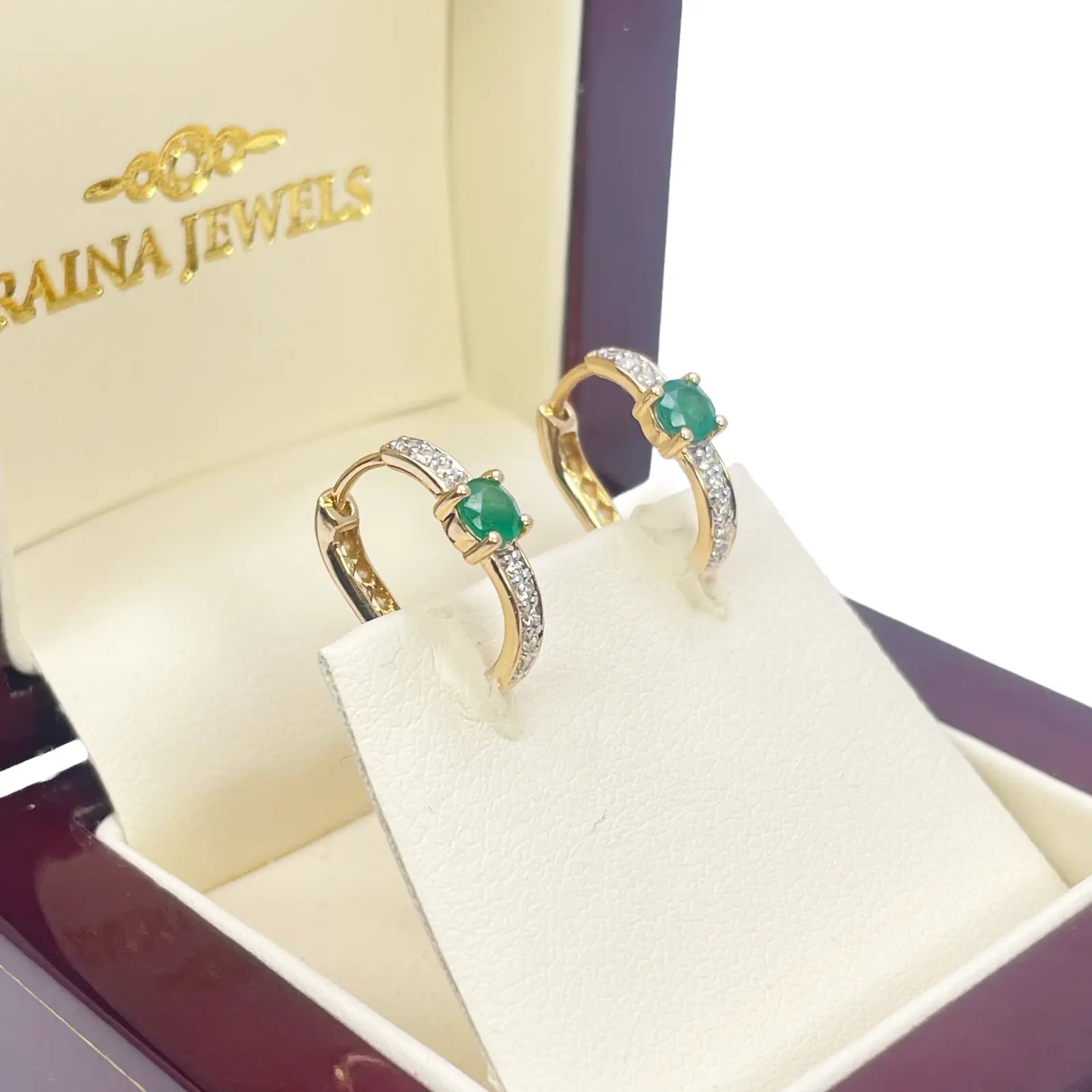 18ct Yellow Gold Natural Emerald Prong & Diamond Huggie Hoop Earrings 0.60ct 