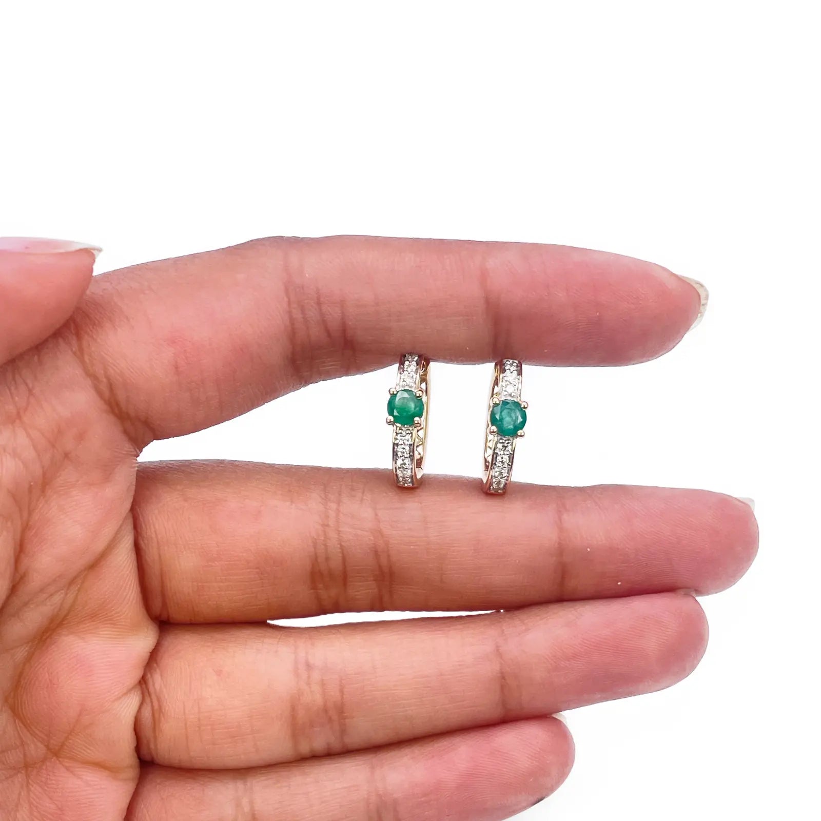 18ct Yellow Gold Natural Emerald Prong & Diamond Huggie Hoop Earrings 0.60ct 