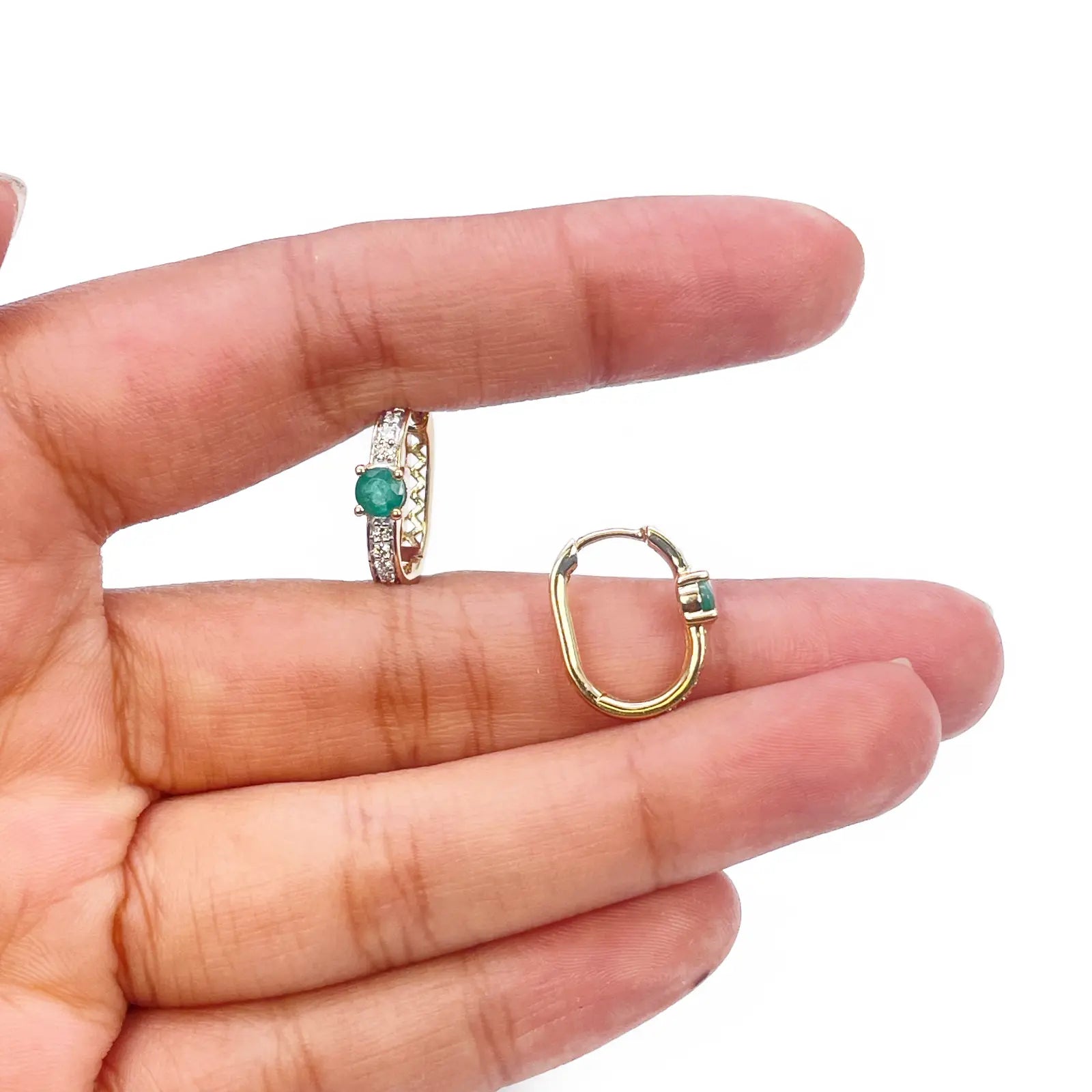 18ct Yellow Gold Natural Emerald Prong & Diamond Huggie Hoop Earrings 0.60ct 