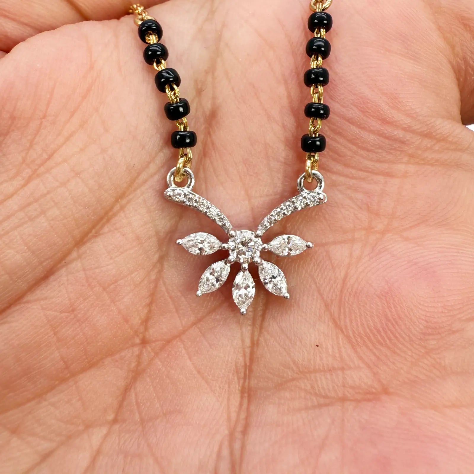 18ct Yellow Gold Natural Marquise And Round Diamond 0.40ct Mangalsutra Necklace  Mangalsutra Chains