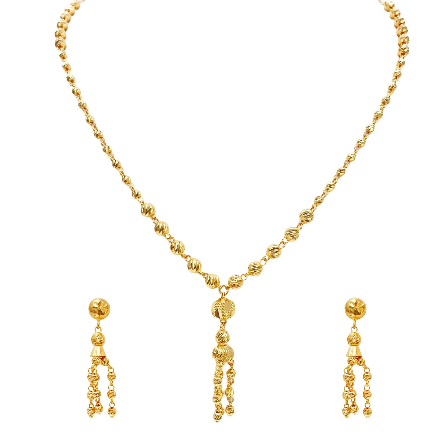 22ct Gold Beaded Tassel Necklace & Earring Sparkly Diamond Cut Beads 18 Inches¬†