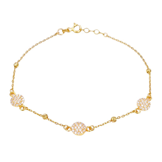 22ct Gold Dainty Beaded Cubic Zirconia Triple Disc Bracelet Diamond Cut Lightweight 7 Inches 