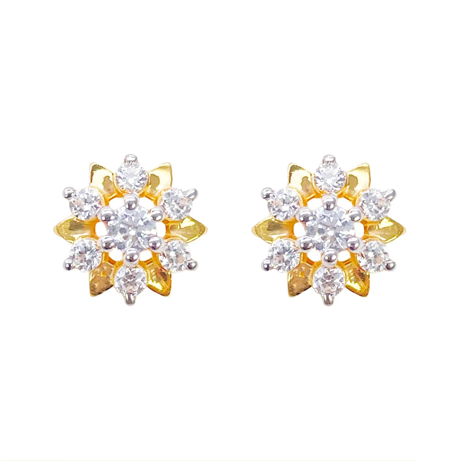 22ct Gold Floral Cubic Zirconia Stud High Polished Earrings Elegant Sparkle Design 9x9mm Width 