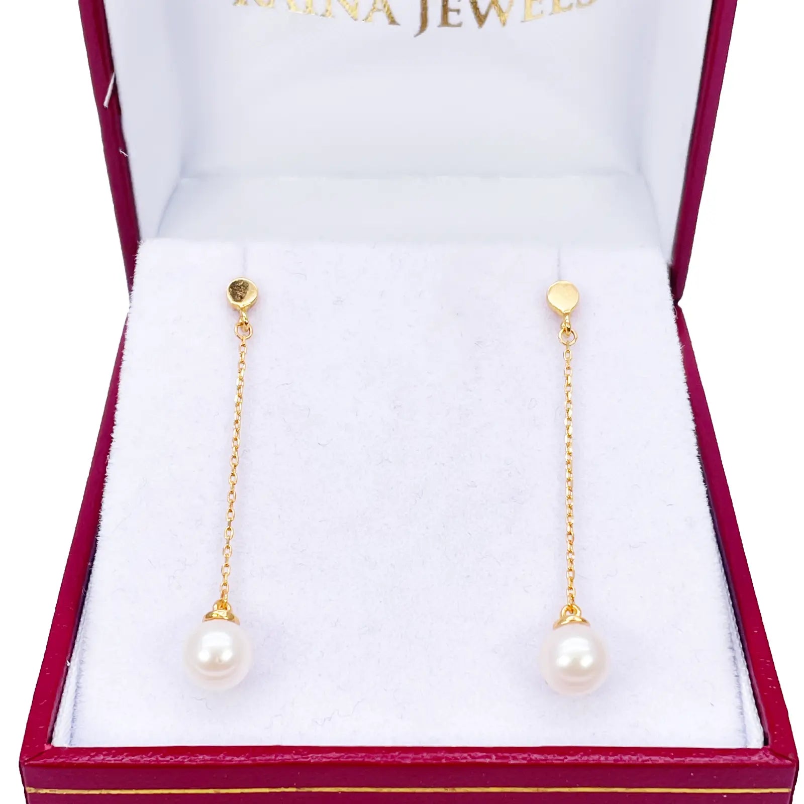 22ct Gold Pearl Drop Earrings Elegant Cable Chain Link Freshwater Pearl 1.5 Inch 