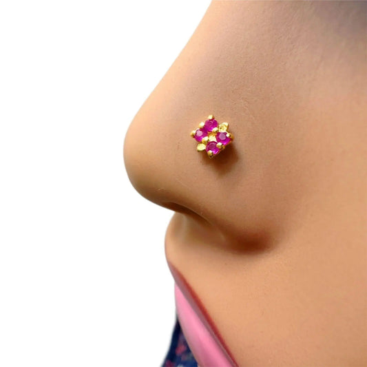 22ct Yellow Gold 4 Stone Ruby Square Nose Pin Stud 