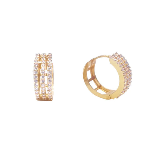 22ct Yellow Gold Cubic Zirconia Cluster Three Row Hoop Huggie Earrings 