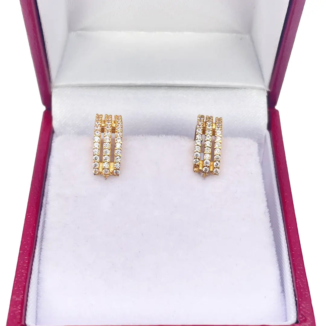 22ct Yellow Gold Cubic Zirconia Cluster Three Row Hoop Huggie Earrings 