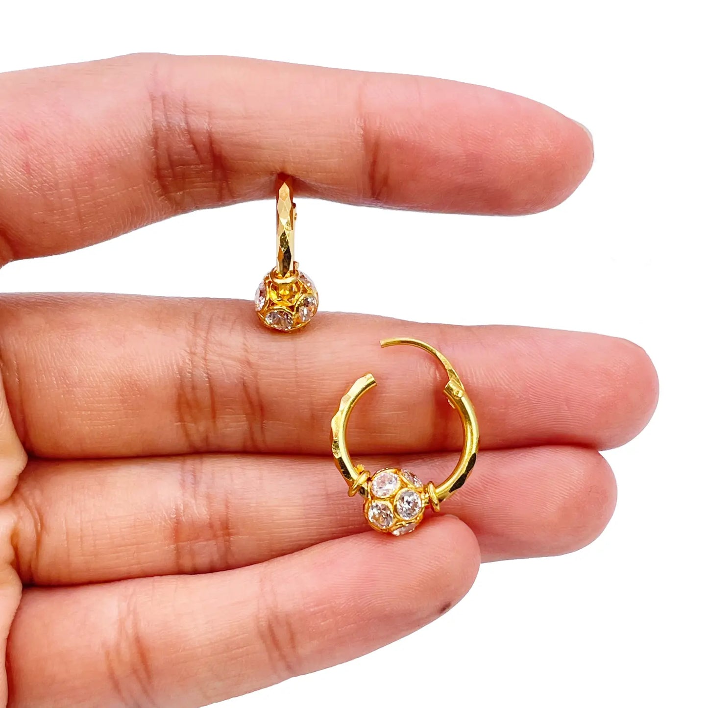 22ct Yellow Gold Diamond Cut Sparkly Cubic Zirconia Ball Hoop Huggie Earrings 11.5mm Diameter 