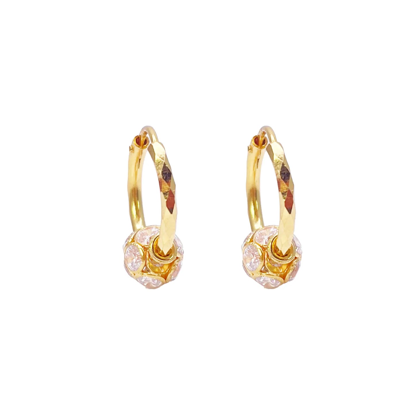 22ct Yellow Gold Diamond Cut Sparkly Cubic Zirconia Ball Hoop Huggie Earrings 11.5mm Diameter 