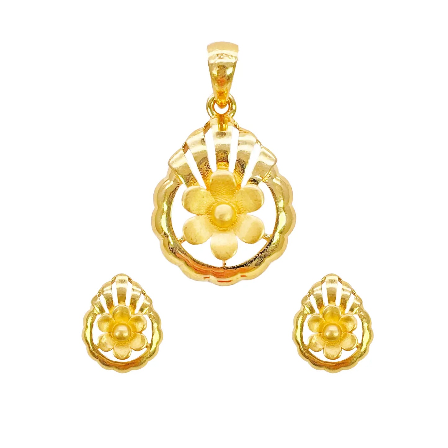 22ct Yellow Gold Floral Open Circle Scallop Pendant & Earring Set  Jewelry Set