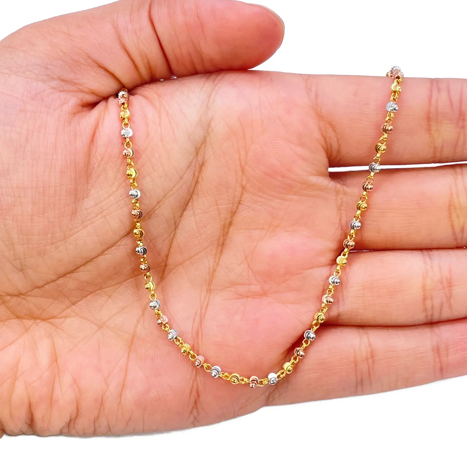 22ct Yellow Gold Tri-Colour Diamond Cut Ball Beaded Necklace 22 Inches 2.3 Width 