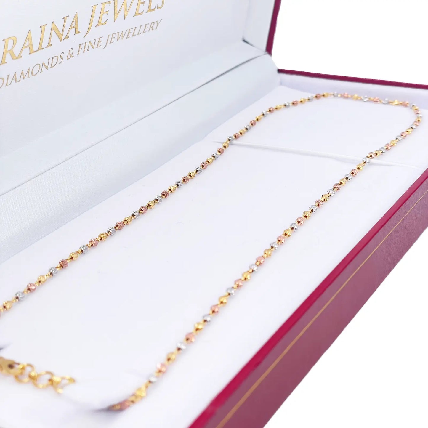 22ct Yellow Gold Tri-Colour Diamond Cut Ball Beaded Necklace 22 Inches 2.3 Width 