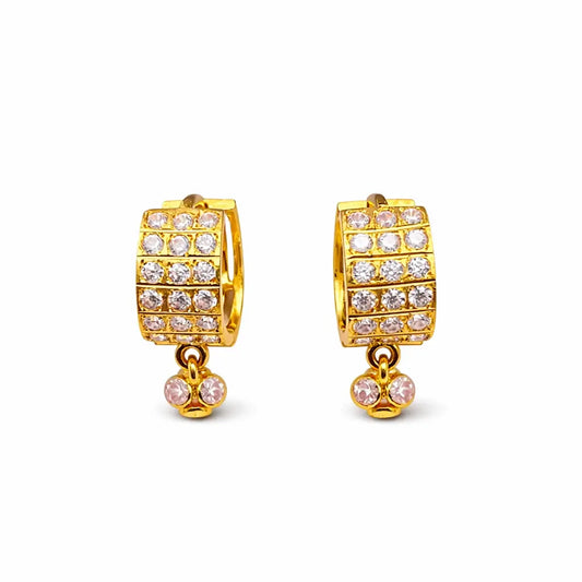 22ct Yellow Gold Triple Row Cubic Zirconia Drop Ball Hoop Huggies Earrings  Gold earring